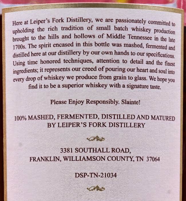 leiper's fork tennessee whiskey back