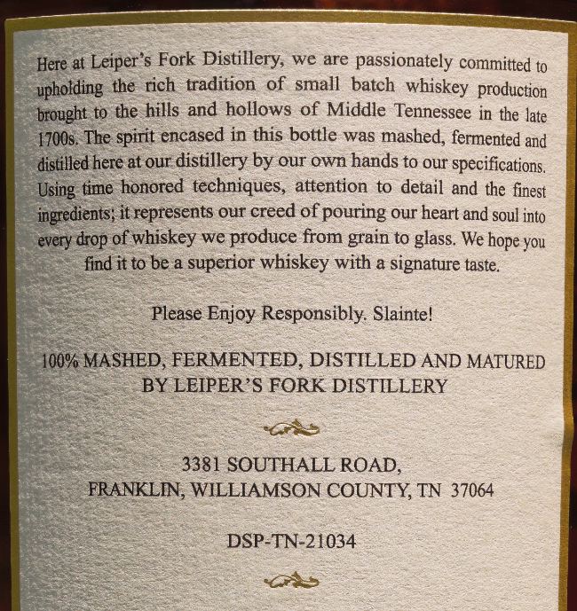 leiper's fork bottled in bond bourbon back