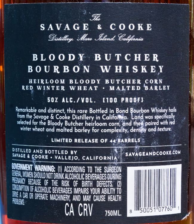 savage and cooke bloody butcher bottled in bond back