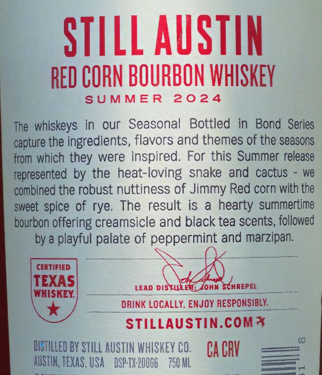 still austin bottled in bond red corn 5 year back